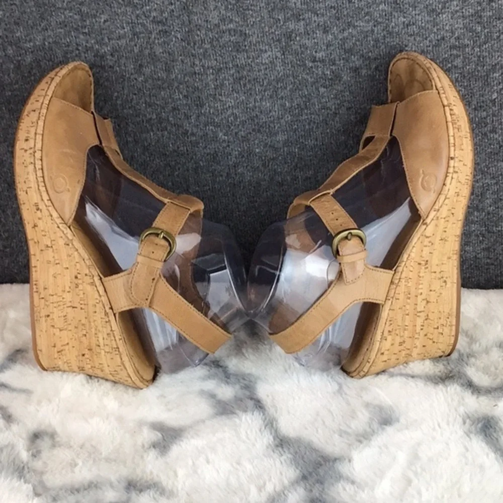 Born Leather Sandals‎ Cork Wedge T-Strap Platform Boho Wedge Sz 10